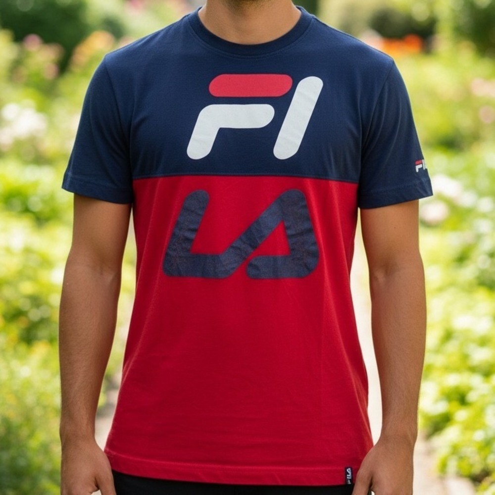 Fila‎ Mens Colorblock Graphic Logo T-Shirt Navy Red Short Sleeve Tee